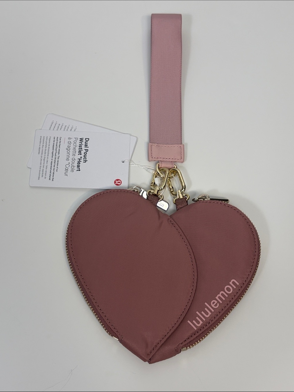 NEW Lululemon Dual Pouch Wristlet Heart Spiced Chai/Pink Haze With Gold Hardware